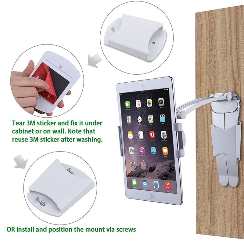 Metal wall-mounted stand holding a tablet or smartphone, fits 5-10.5 inch devices, designed by American Smart - EP for kitchen or desk use.