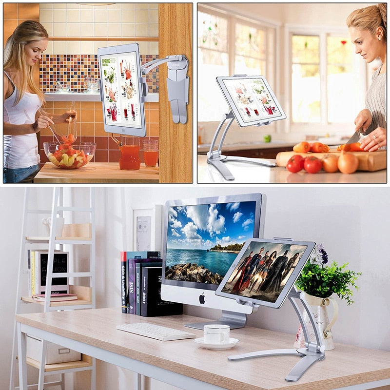 Metal wall-mounted tablet stand for 5-10.5 inch tablets and smartphones, by American Smart - EP, with secure bracket and support.