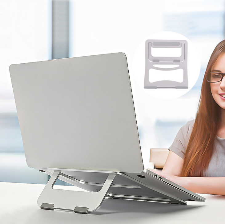 Foldable aluminum laptop stand and cooling base by American Smart EP, portable desk cooler and tablet holder with adjustable angle.