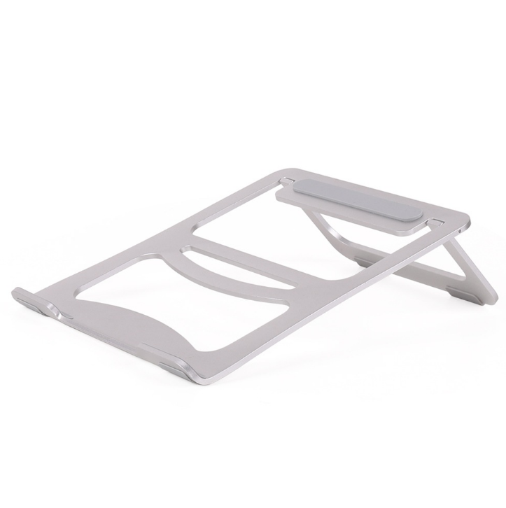 Foldable aluminum alloy laptop stand cooling base with adjustable holder, designed for notebooks and tablets on office desks.