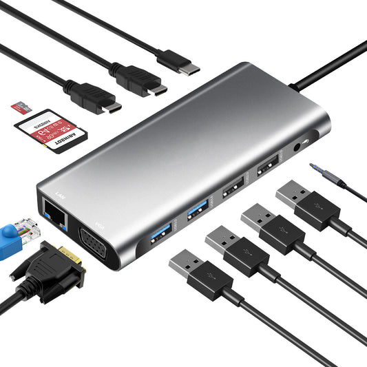 American Smart EP Type-C to dual HDMI VGA dock with 12-in-1 USB hub for MacBook and notebooks, showing ports and connectors.
