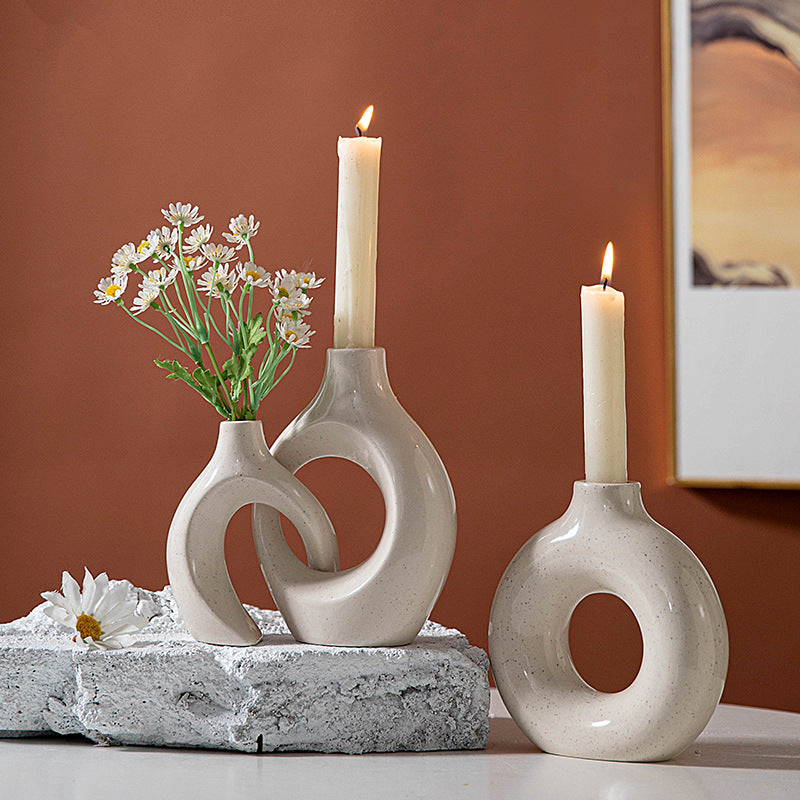 Abstract ceramic candle holder and vase set by American Smart, featuring irregular circle design for living room or hotel decor.
