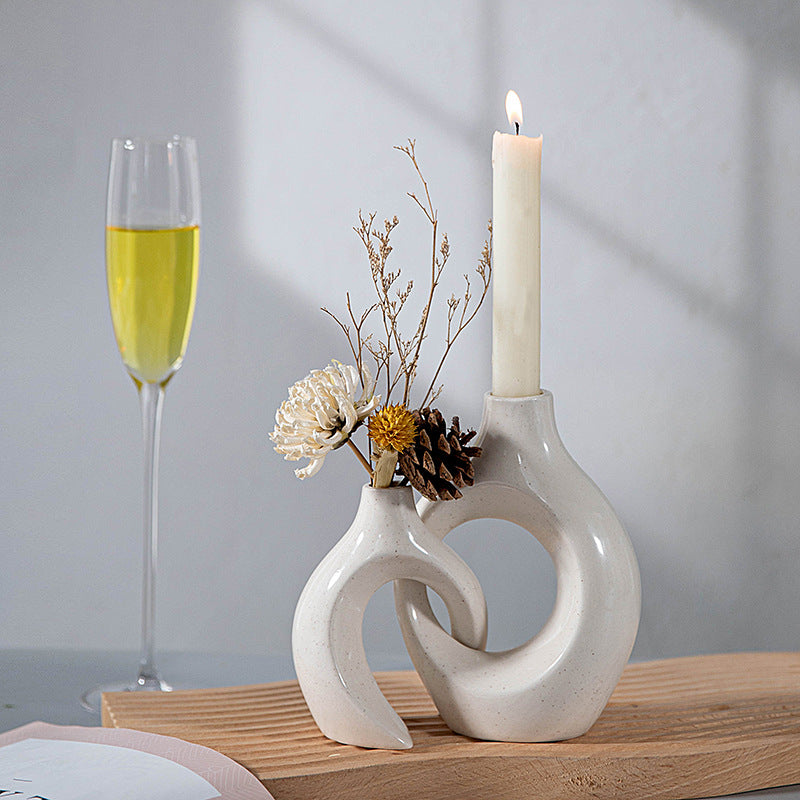 Abstract Nordic ceramic couple candle holder with irregular circle vase design, decorative figurine for living room or hotel decor