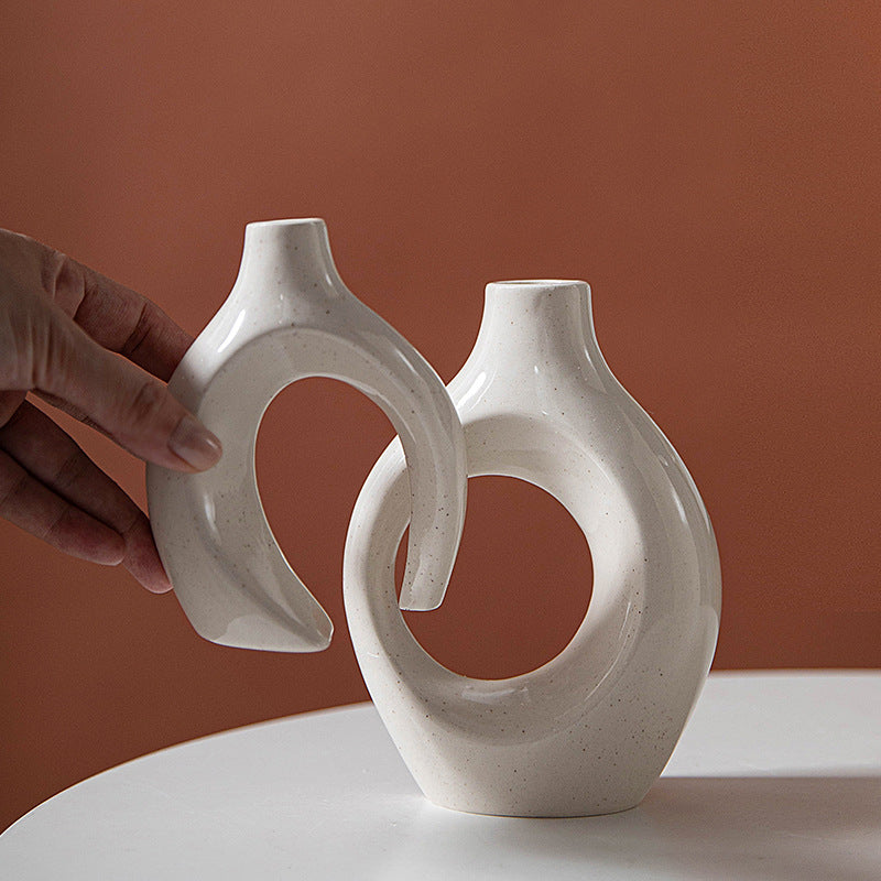 Abstract ceramic couple candle holder with irregular circle design, decorative vase figurine for living room or hotel decor by American Smart EP