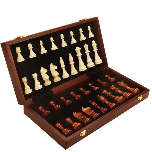 Magnetic wooden folding chess board with checkers game for adults and children, featuring a compact, portable design by American Smart - EP.