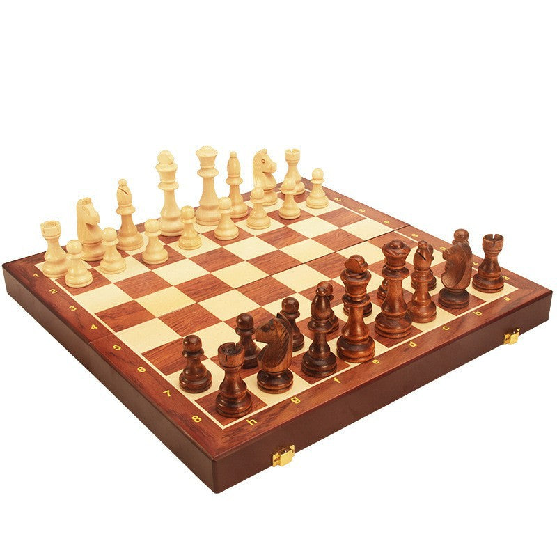 Magnetic folding wood chess board with checkers, featuring black and natural wood squares, suitable for adults and children, by American Smart.