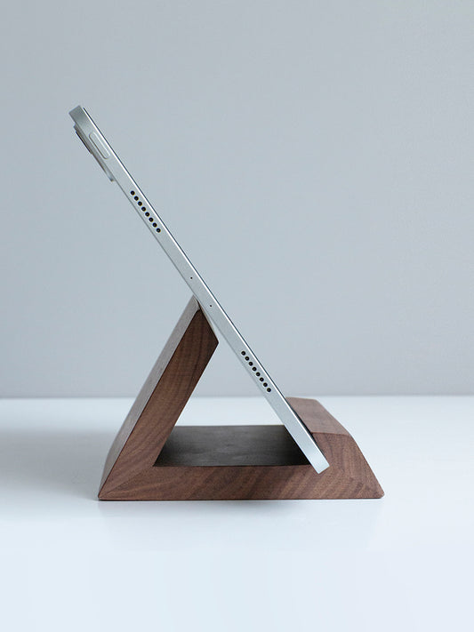 Retro walnut wood tablet stand by American Smart, showcasing a solid wood creative desktop holder for tablets and phones.