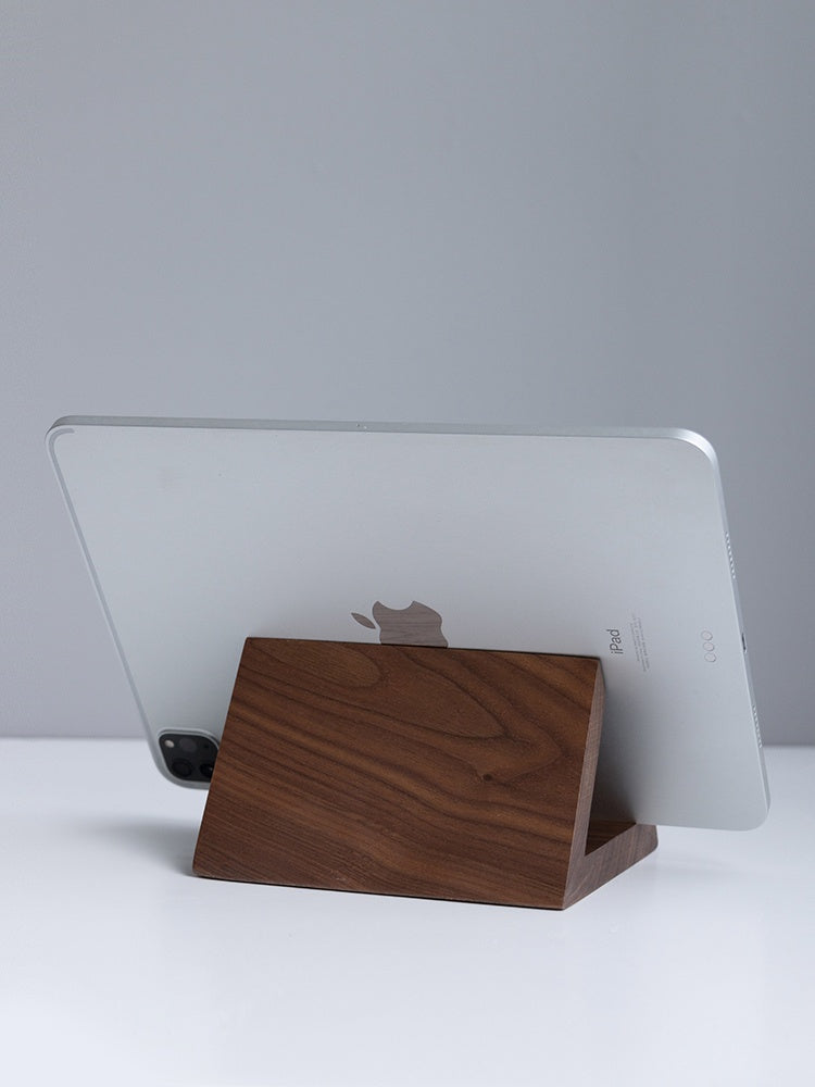 Retro walnut wood tablet stand by American Smart, a solid wood desktop holder for tablets and phones, showcasing craftsmanship.