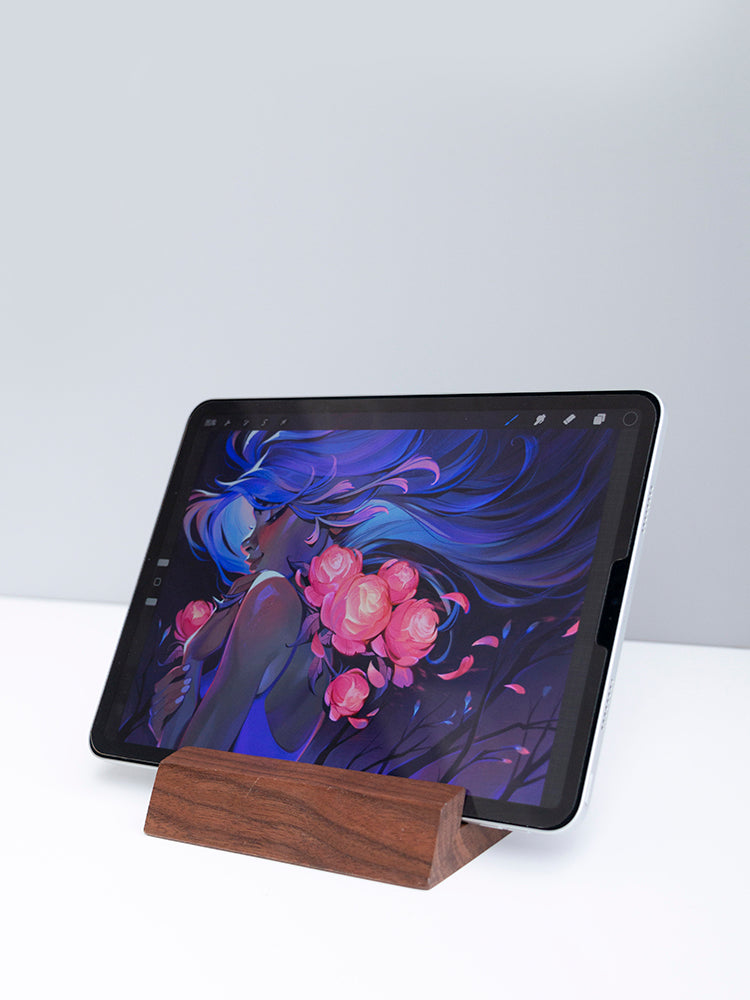 Retro walnut wood tablet stand by American Smart for holding tablets and phones on desktop with a creative solid wood design.