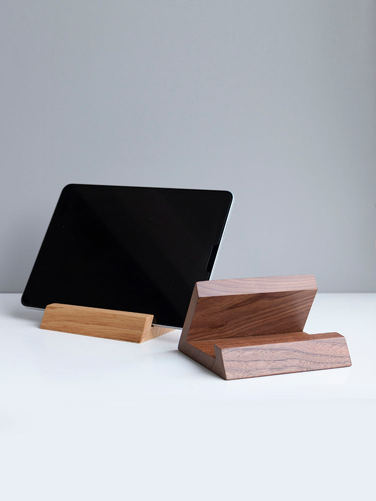 Retro walnut wood solid tablet stand by American Smart, designed for desktop computers and phone support in a creative style.