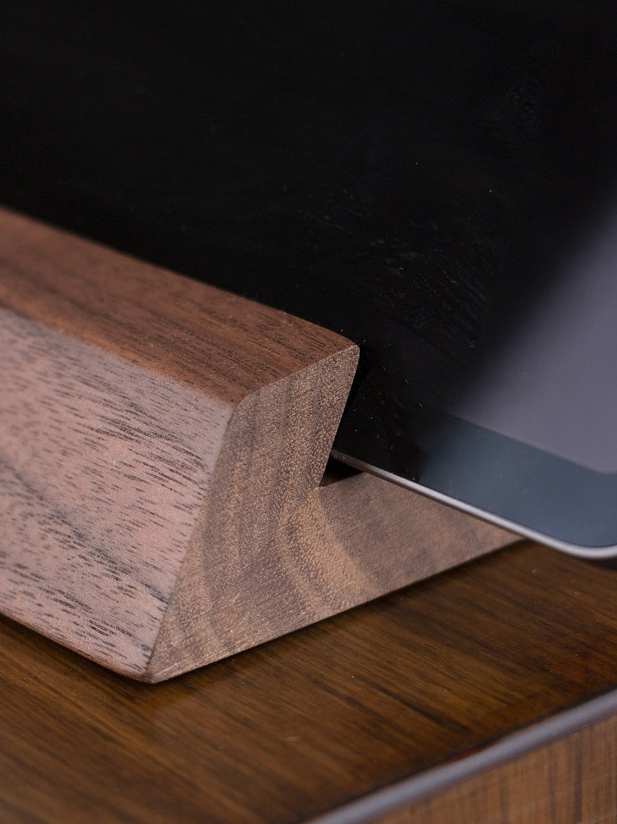 Retro walnut wood tablet stand by American Smart, featuring a solid wood design for holding tablets and phones on a desktop.