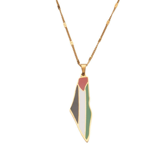 Titanium steel Middle East Palestine map pendant necklace with drip glue design, by American Smart - EP, on a chain.