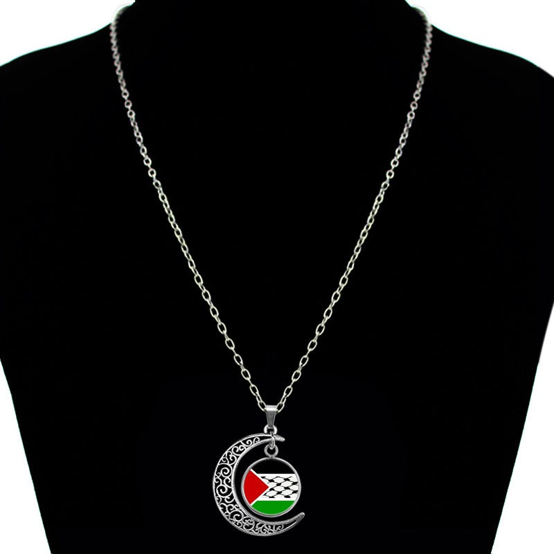 Palestine Time Gem Necklace with hollow moon pendant on retro sweater chain, American Smart - EP jewelry accessory.