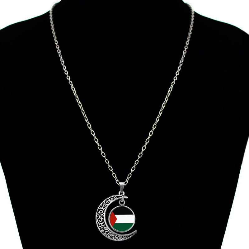 Hollow moon pendant necklace featuring Palestine Time Gem, retro sweater chain, American Smart - EP brand jewelry.