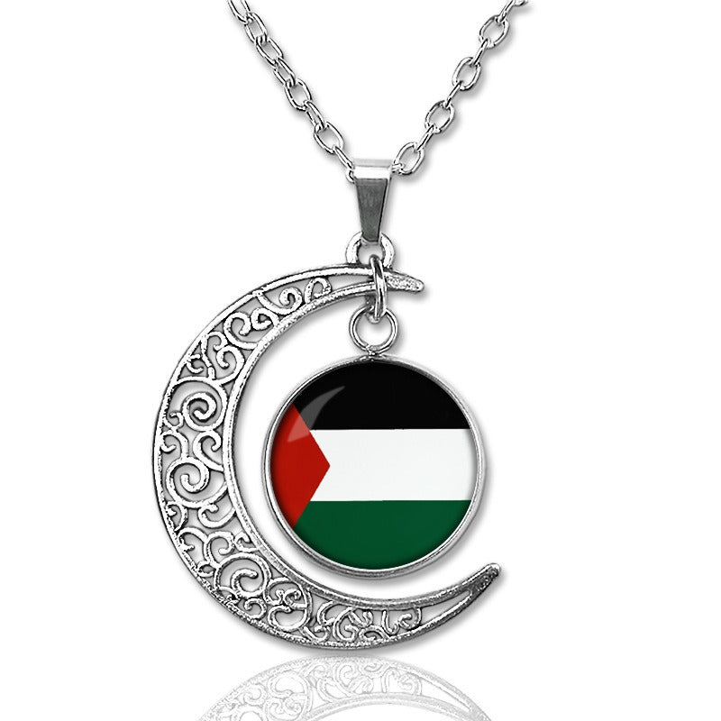 Hollow moon pendant necklace with Palestine Time Gem, vintage sweater chain accessory, American Smart - EP jewelry style.