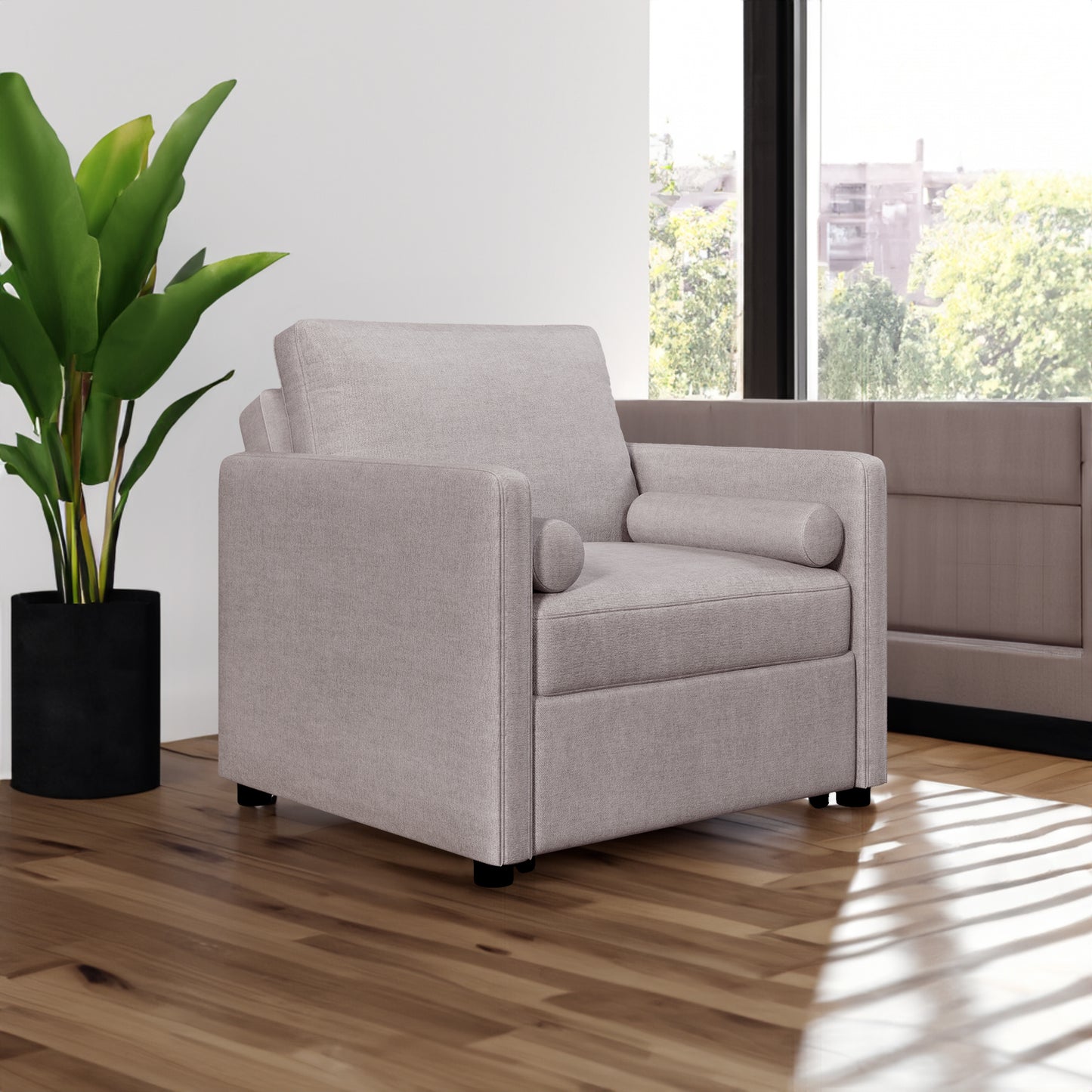 American Smart 3-in-1 convertible linen sleeper chair with adjustable backrest, lounger, and bed in tan for living room.