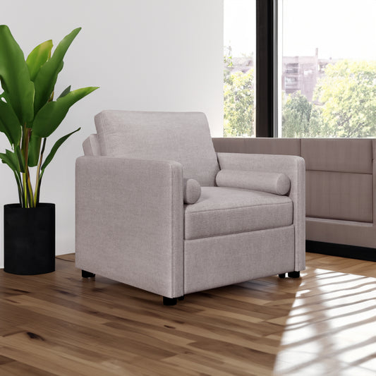 American Smart 3-in-1 convertible linen sleeper chair with adjustable backrest, lounger, and bed in tan for living room.