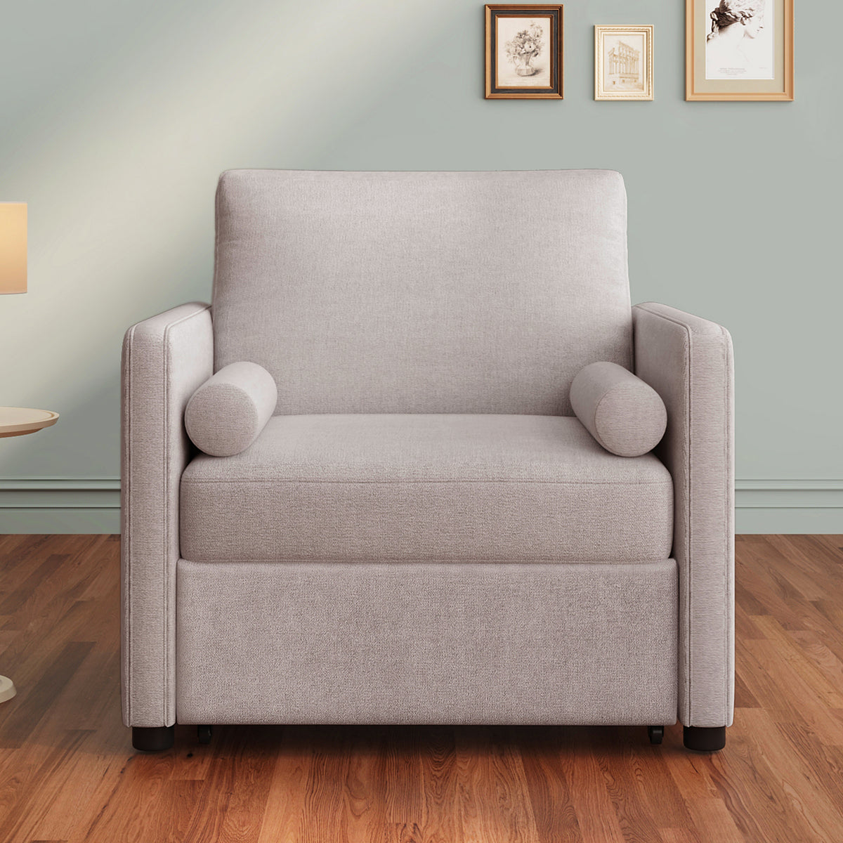 Tan 3-in-1 convertible sleeper chair with adjustable backrest, lounger, and bed, made of linen for living room comfort.