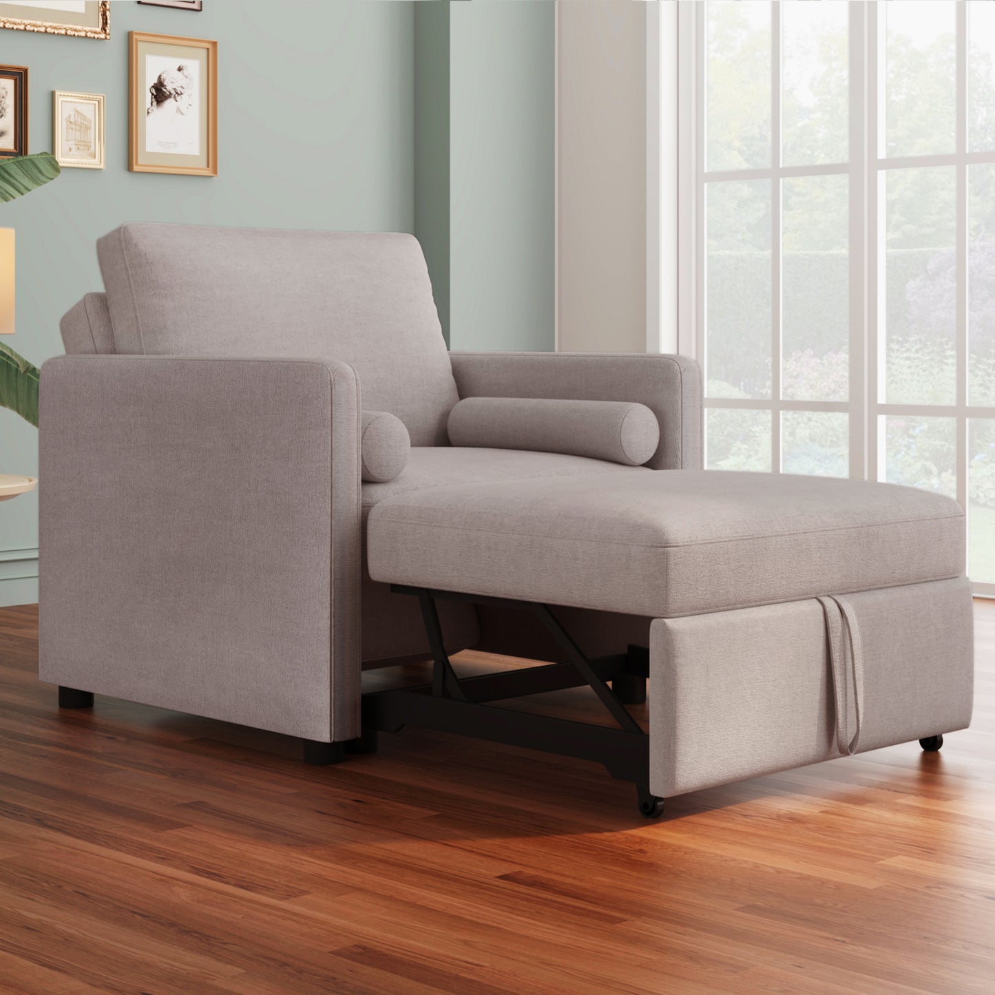 Tan 3-in-1 convertible sleeper chair with adjustable backrest, lounger, and bed function in linen, suitable for living rooms.