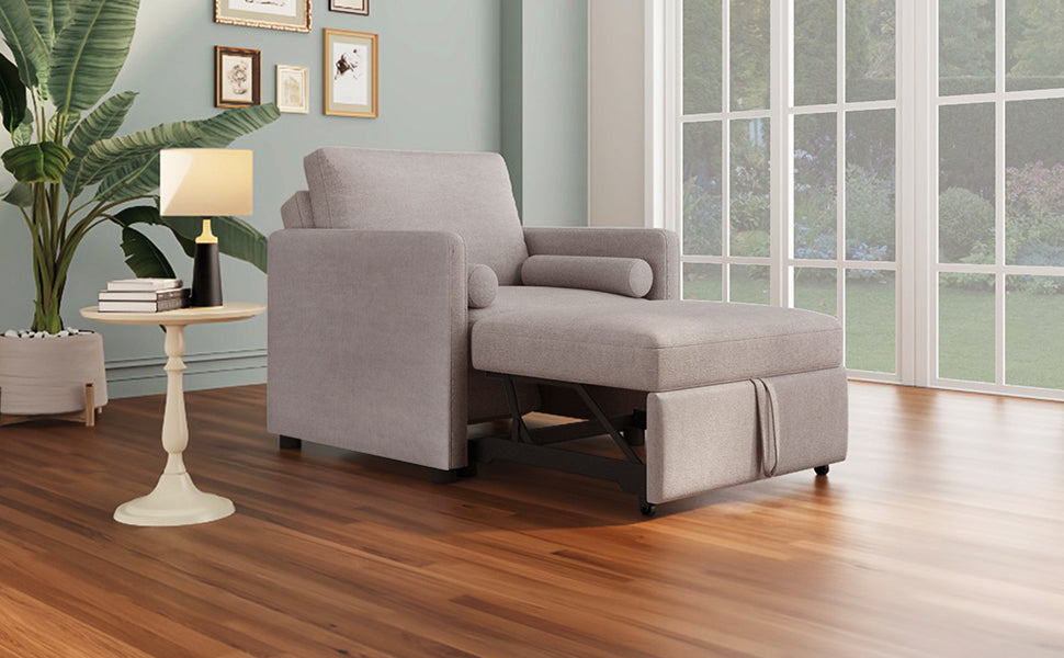 American Smart 3-in-1 convertible linen sleeper chair with adjustable backrest in tan, transforms into a lounger or bed for living room use.