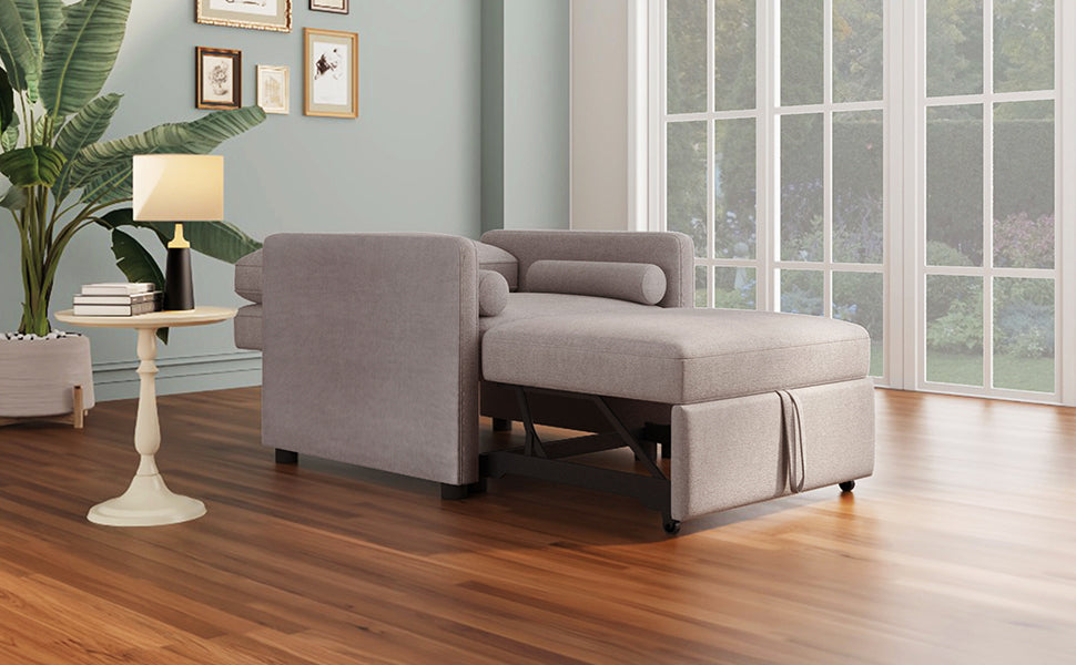 American Smart 3-in-1 convertible linen sleeper chair with adjustable backrest, lounger, and single bed in tan for living room use.