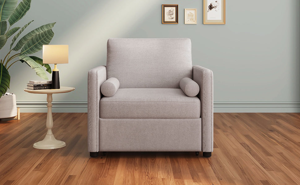 American Smart 3-in-1 convertible sleeper chair in linen tan with adjustable backrest, serving as a lounger, bed, or living room seat.