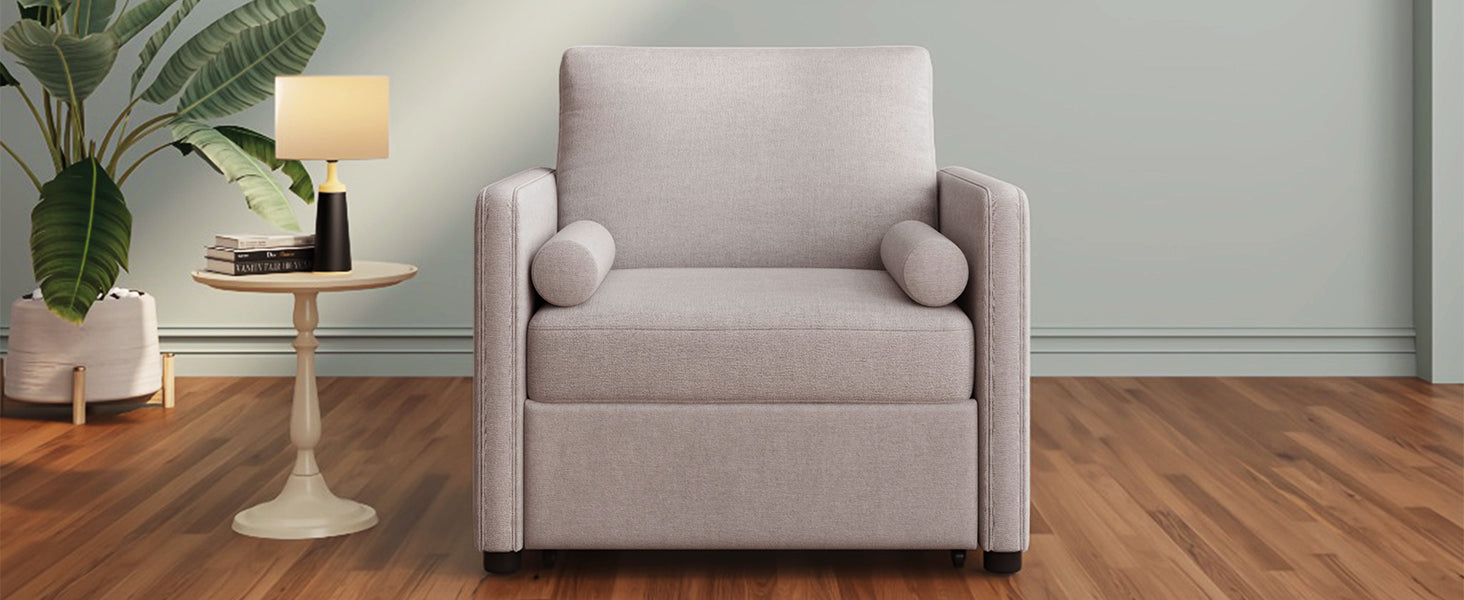 Tan 3-in-1 convertible sleeper chair with adjustable backrest, linen fabric, designed for living room use as a lounger or bed.