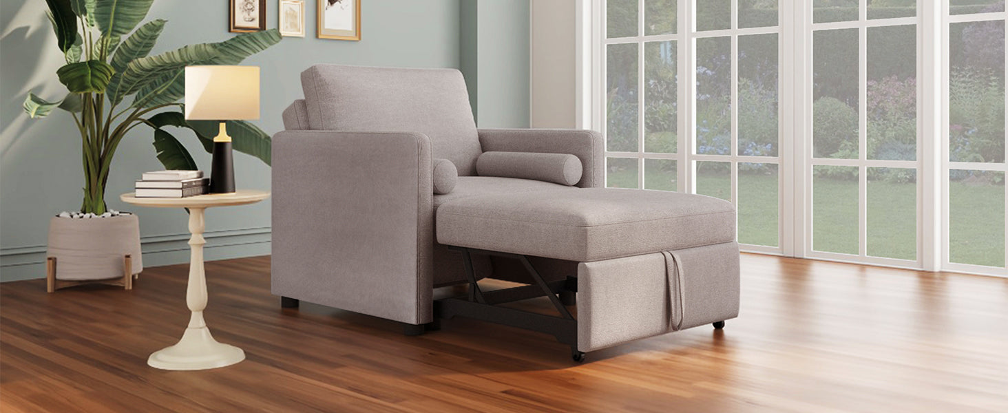 American Smart 3-in-1 convertible sleeper chair with adjustable backrest, linen tan fabric, shown as a lounger and bed in living room setting.