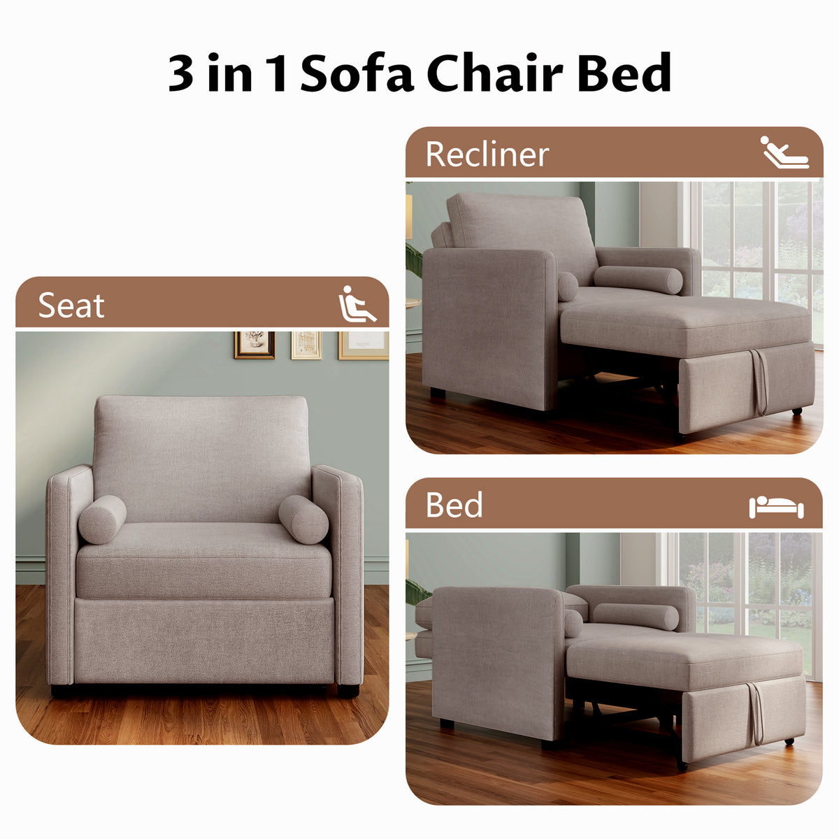 Tan 3-in-1 convertible sleeper chair with adjustable backrest, lounger, and bed function, featuring linen upholstery for living room use.
