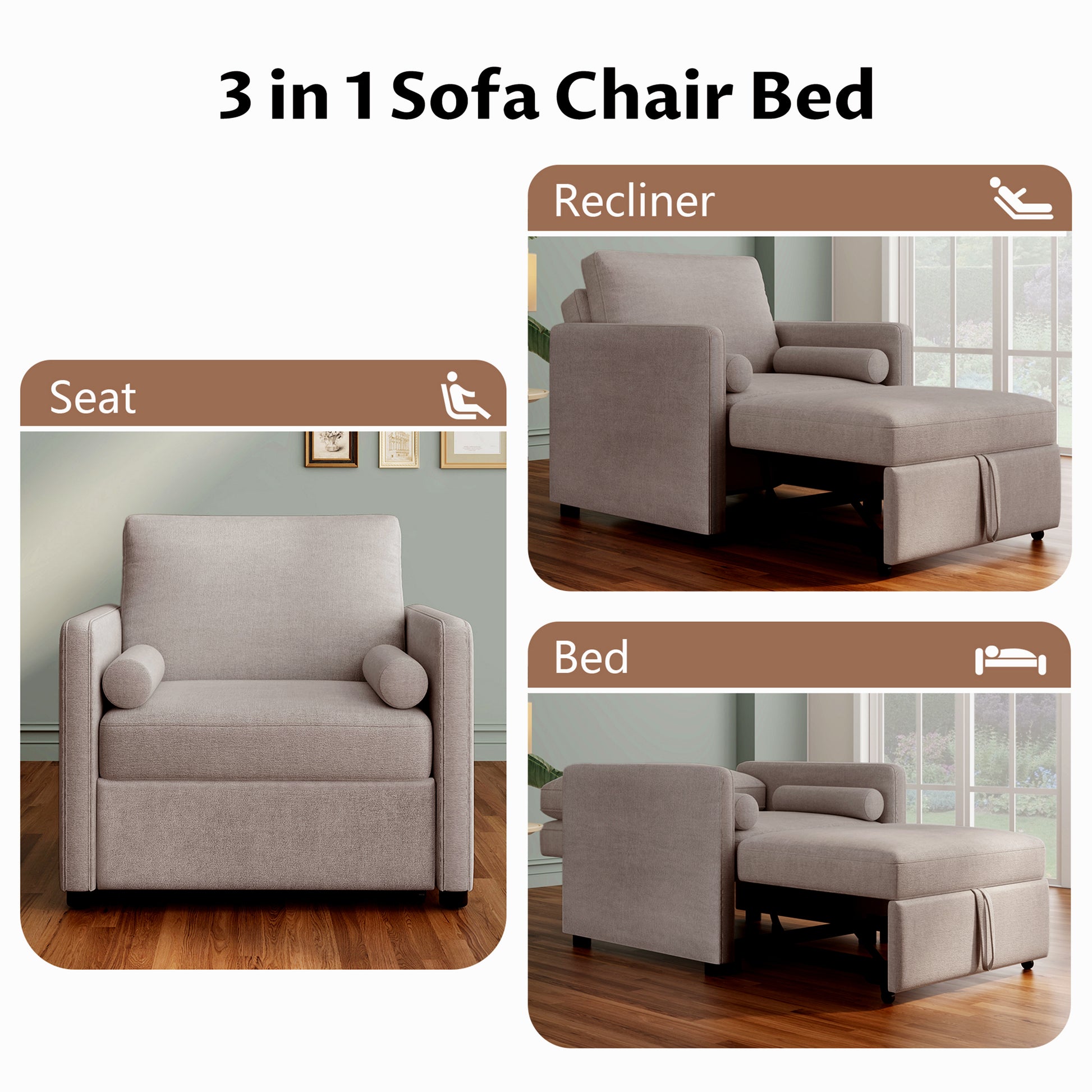 Tan 3-in-1 convertible sleeper chair with adjustable backrest, lounger, and bed function, featuring linen upholstery for living room use.