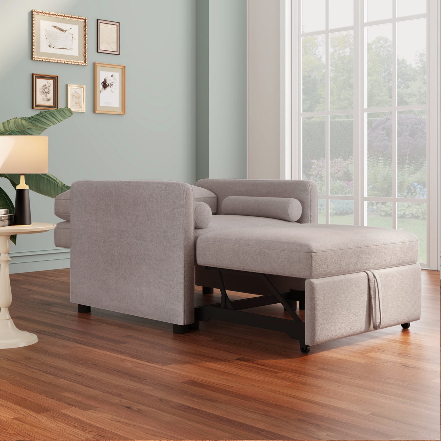 Tan linen 3-in-1 convertible sleeper chair with adjustable backrest, lounger, and bed for living room use. American Smart EP.