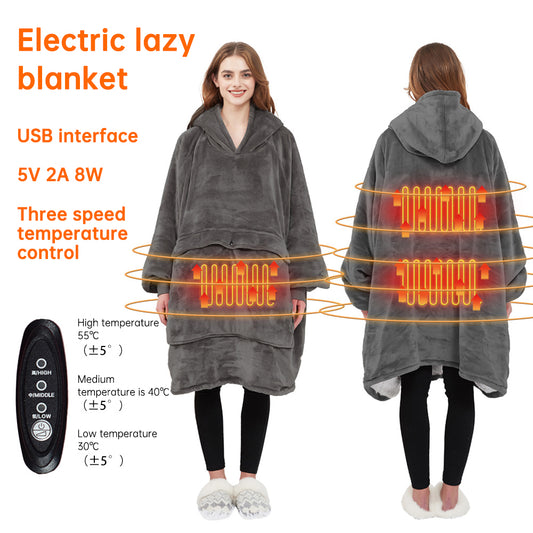 USB carbon fiber heated lazy blanket hoodie by American Smart EP, thick, washable electric blanket perfect for winter warmth.
