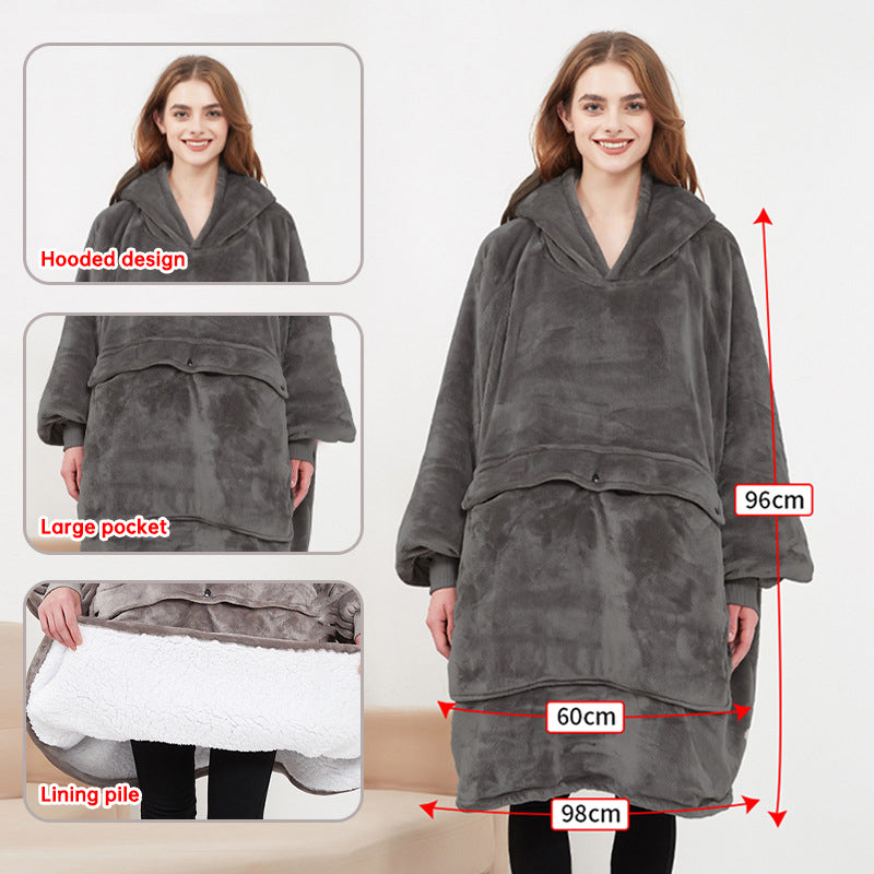 American Smart EP USB carbon fiber heated lazy blanket worn as a thick, washable electric hoodie for winter warmth.