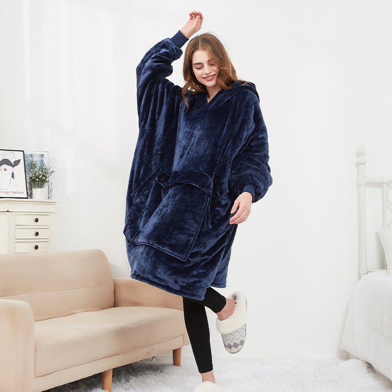 American Smart EP USB carbon fiber heated lazy blanket worn as a thick, washable electric hoodie for winter warmth and comfort.