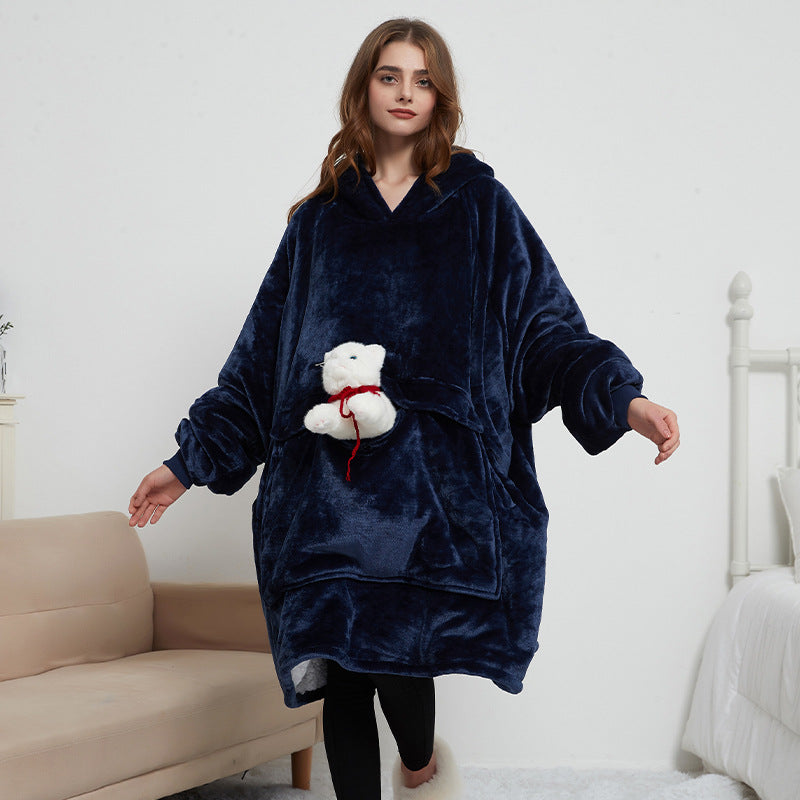 American Smart EP USB carbon fiber heated lazy blanket worn as a thick, washable electric hoodie for winter warmth.