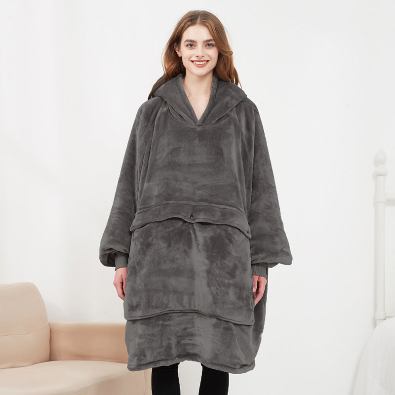 American Smart EP USB carbon fiber heated lazy blanket hoodie, thick and washable electric winter blanket worn as a cozy hoodie.