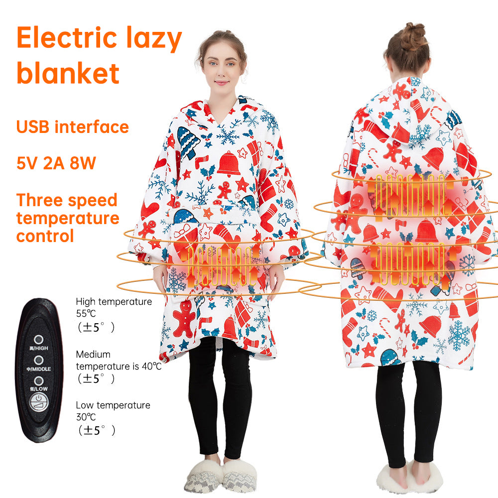 American Smart EP USB carbon fiber heated lazy blanket worn as a thick, washable electric hoodie for winter warmth and comfort.