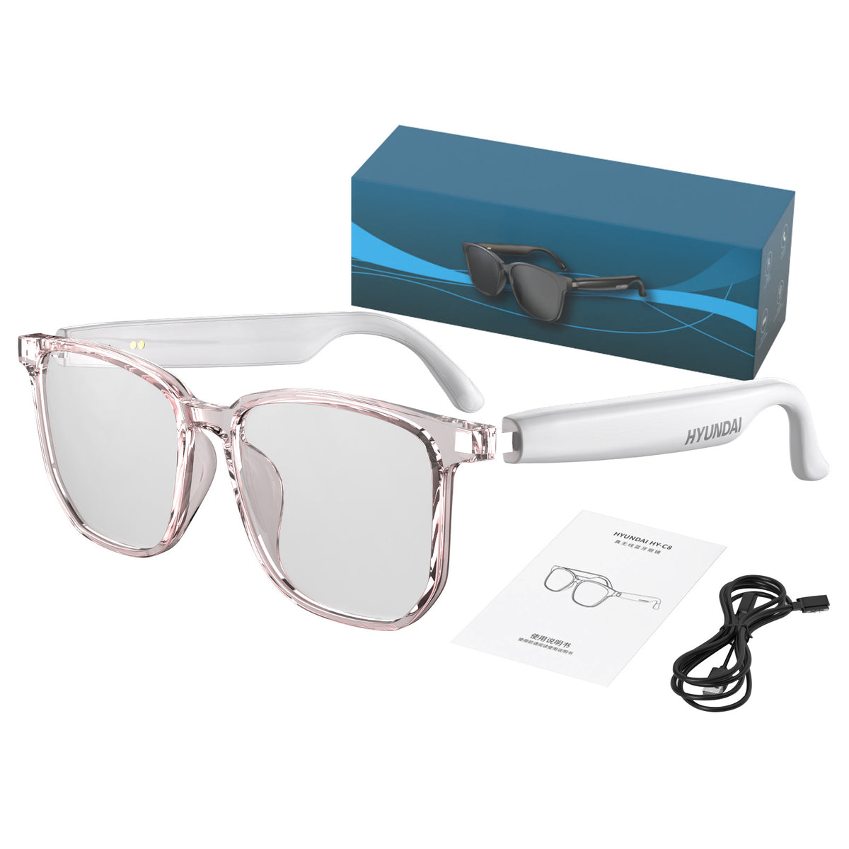 American Smart HY-C8 AI wireless Bluetooth glasses earphones for translation, showing sleek design with built-in microphones and earpieces