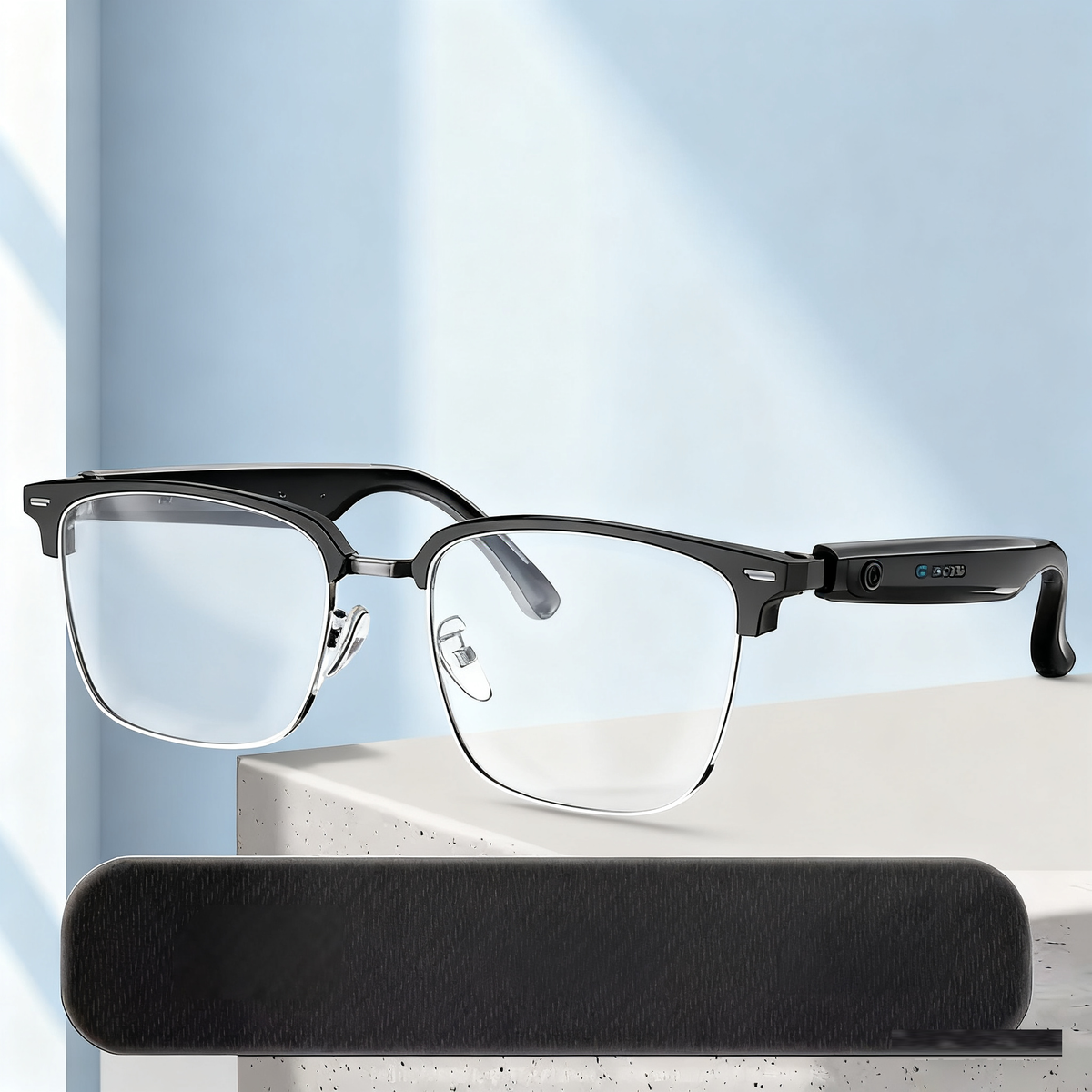 American Smart HY-C8 AI wireless Bluetooth glasses with built-in earphones for real-time translation in 75 languages during conferences.