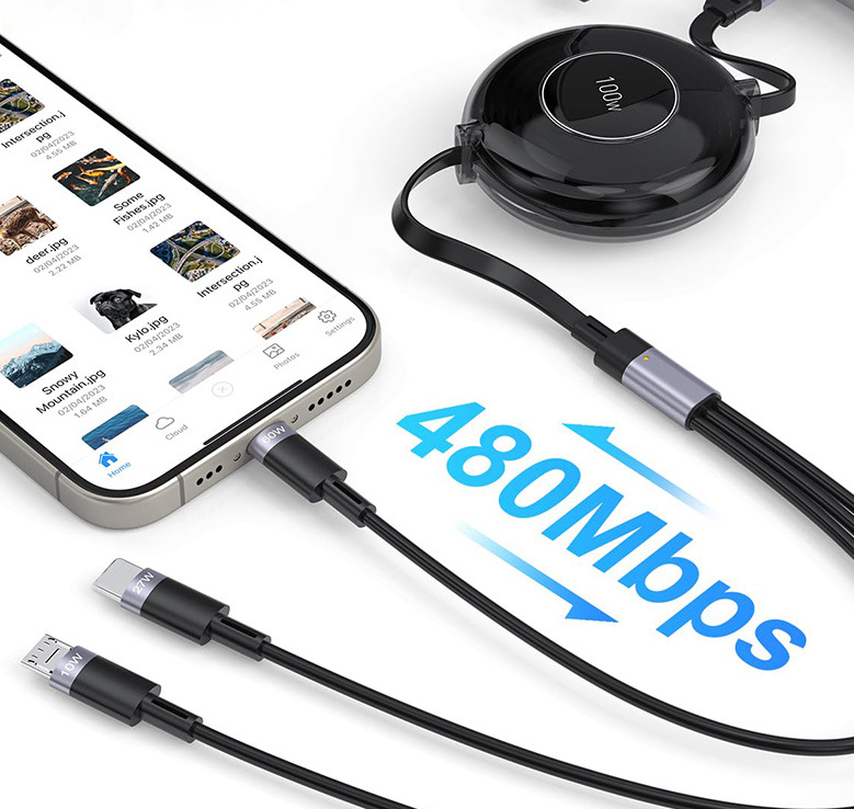 American Smart EP 100W Type-C multifunctional telescopic interface with dual data cables and PD fast charging in a five-in-one design.