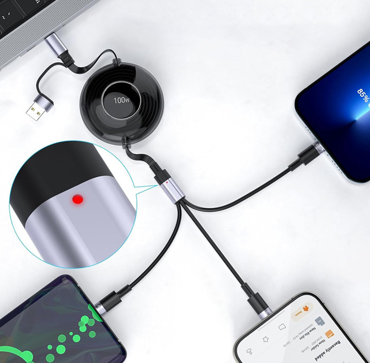 American Smart EP 100W Type-C multifunctional telescopic interface with dual/tri data cables and PD fast charging in a five-in-one design