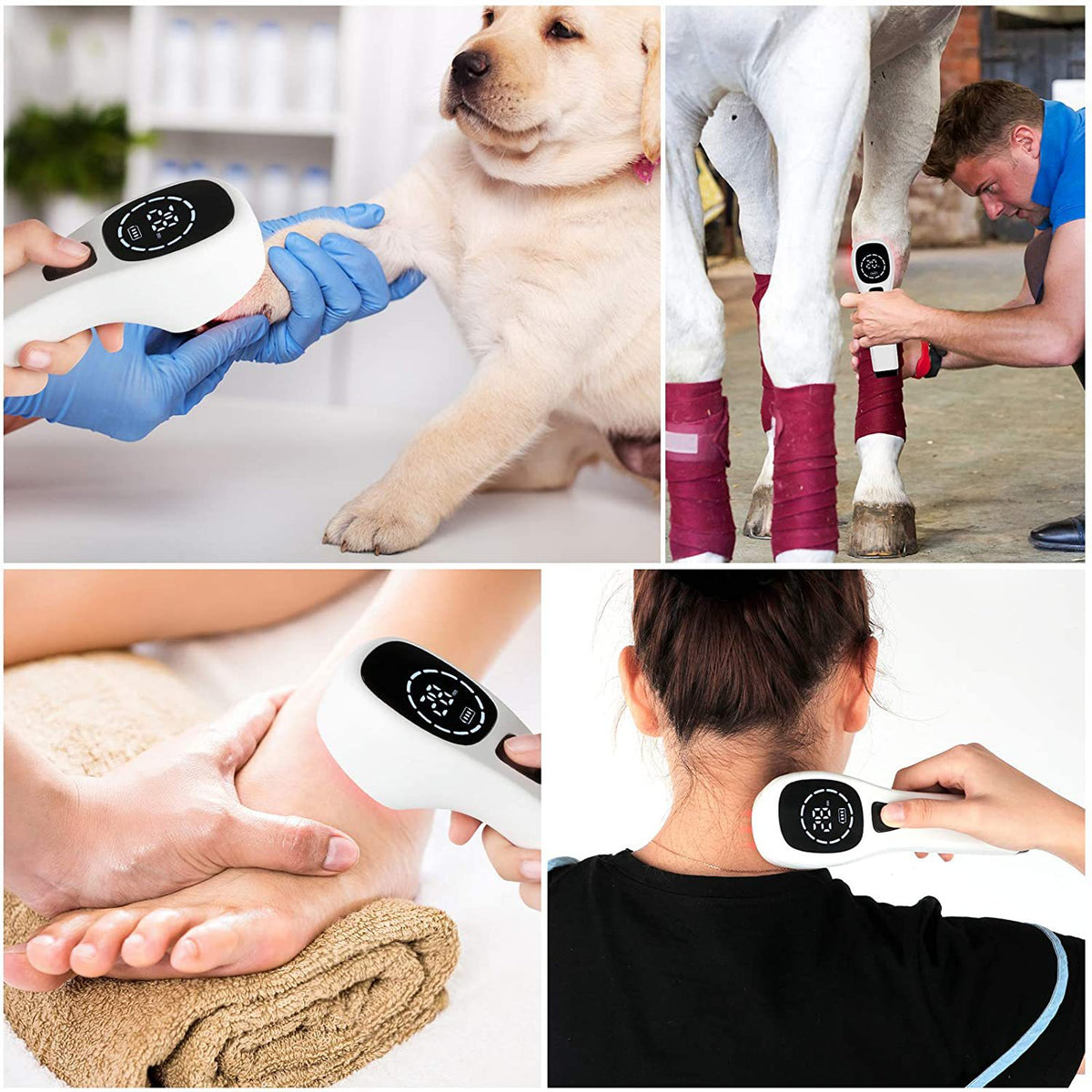 American Smart EP laser light therapy device and massager demonstrating red light therapy for skin and muscle relief.