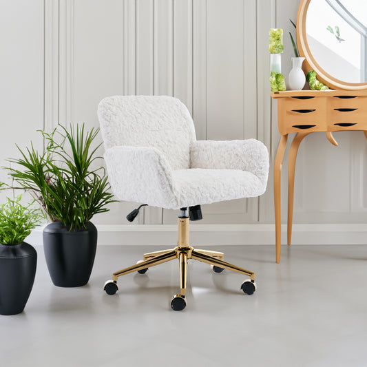Artificial rabbit hair gold metal base home office chair adjustable chair rotating office chair, dressing chair (beige) - American Smart