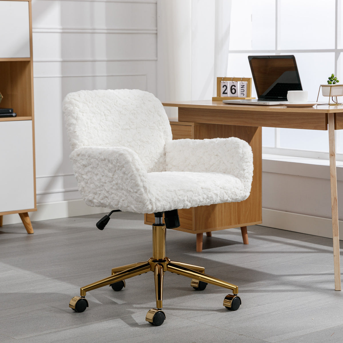 Artificial rabbit hair gold metal base home office chair adjustable chair rotating office chair, dressing chair (beige) - American Smart