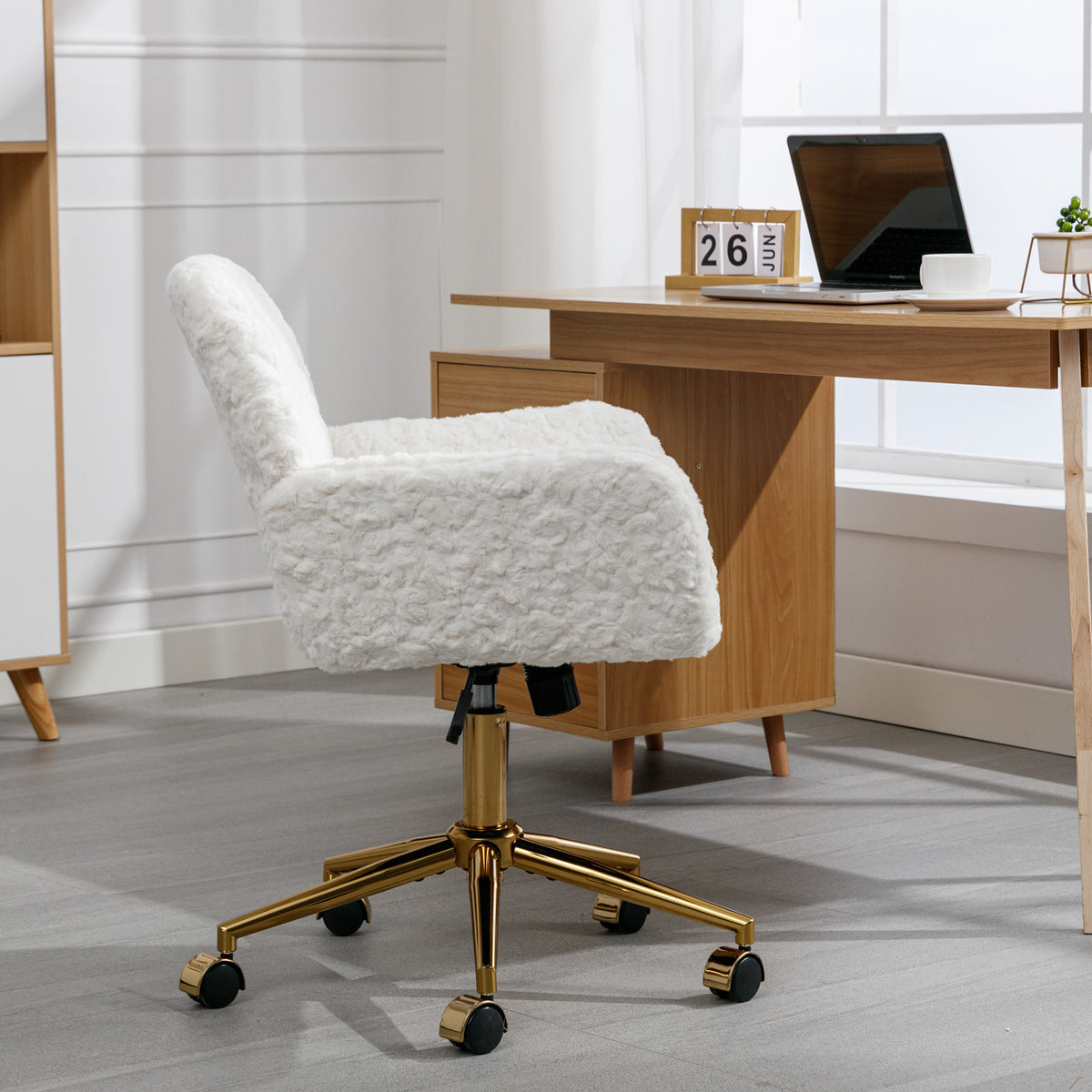 Artificial rabbit hair gold metal base home office chair adjustable chair rotating office chair, dressing chair (beige) - American Smart