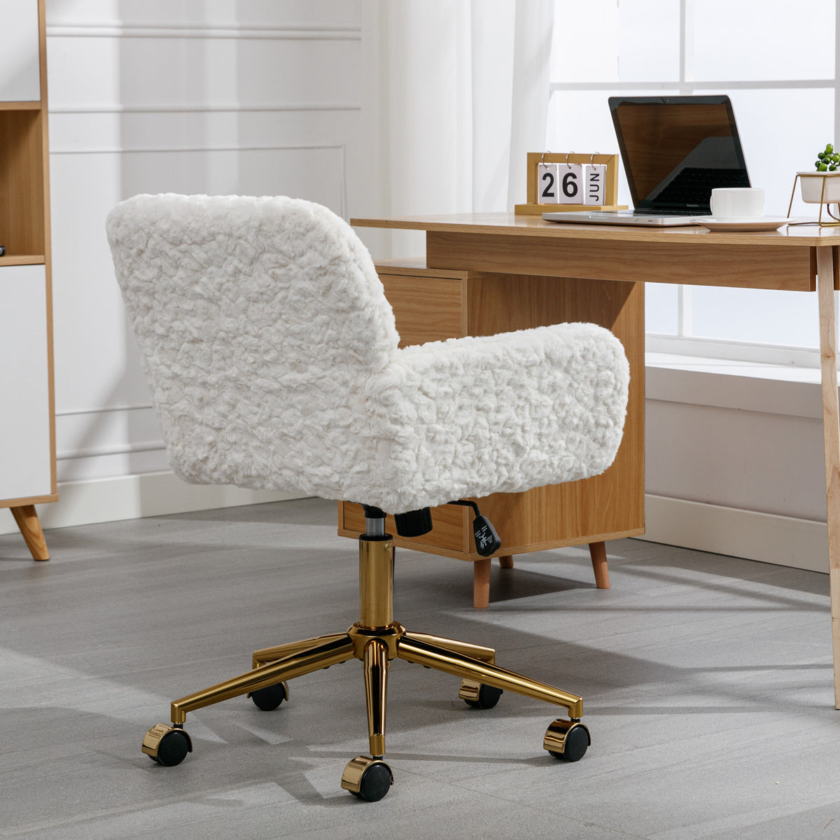 Artificial rabbit hair gold metal base home office chair adjustable chair rotating office chair, dressing chair (beige) - American Smart