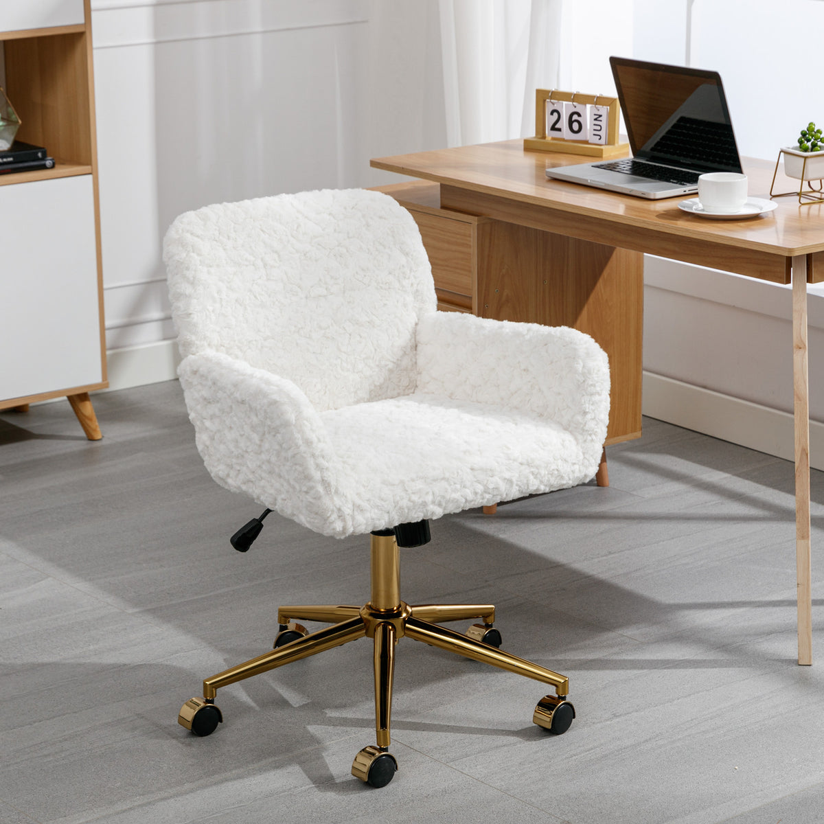 Artificial rabbit hair gold metal base home office chair adjustable chair rotating office chair, dressing chair (beige) - American Smart
