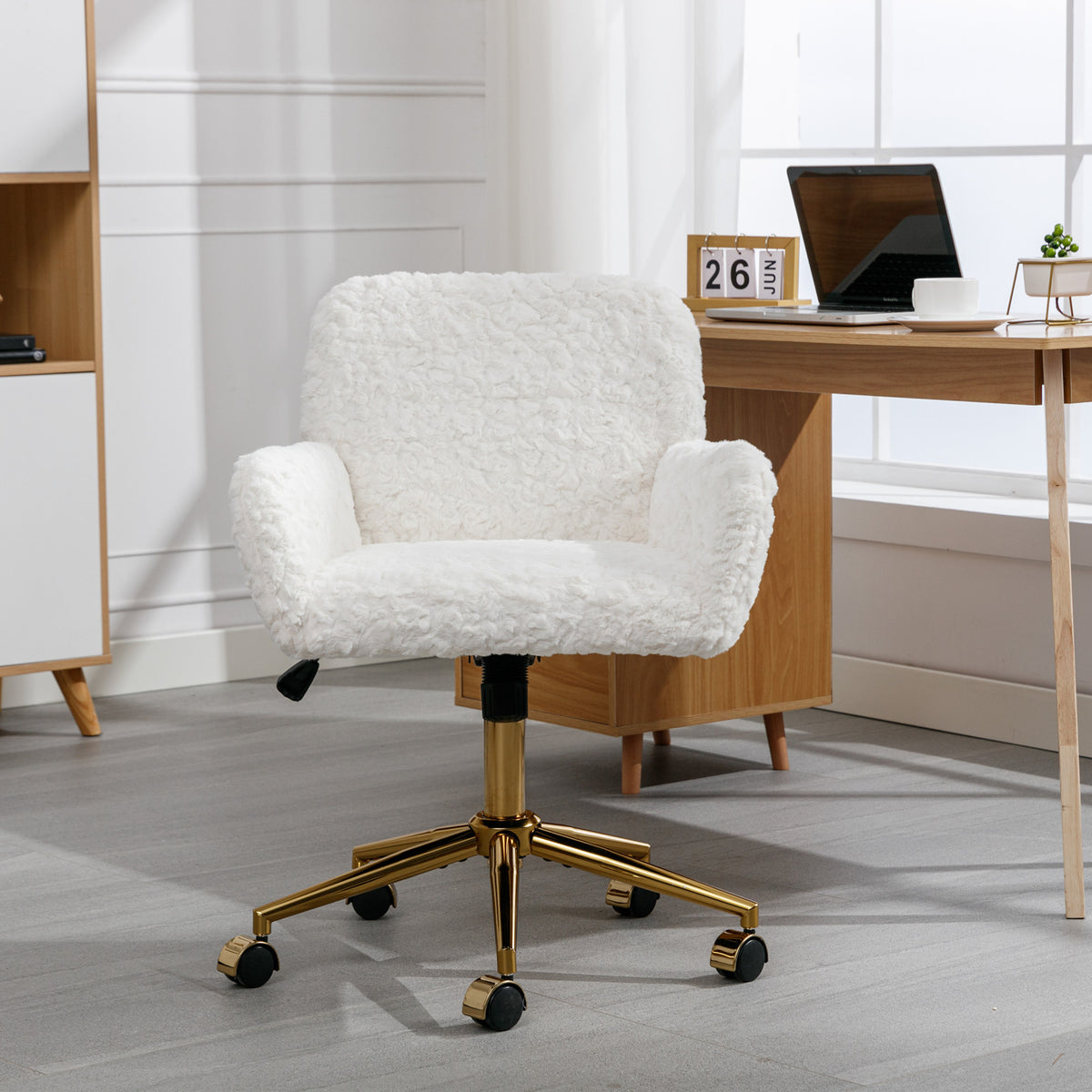 Artificial rabbit hair gold metal base home office chair adjustable chair rotating office chair, dressing chair (beige) - American Smart