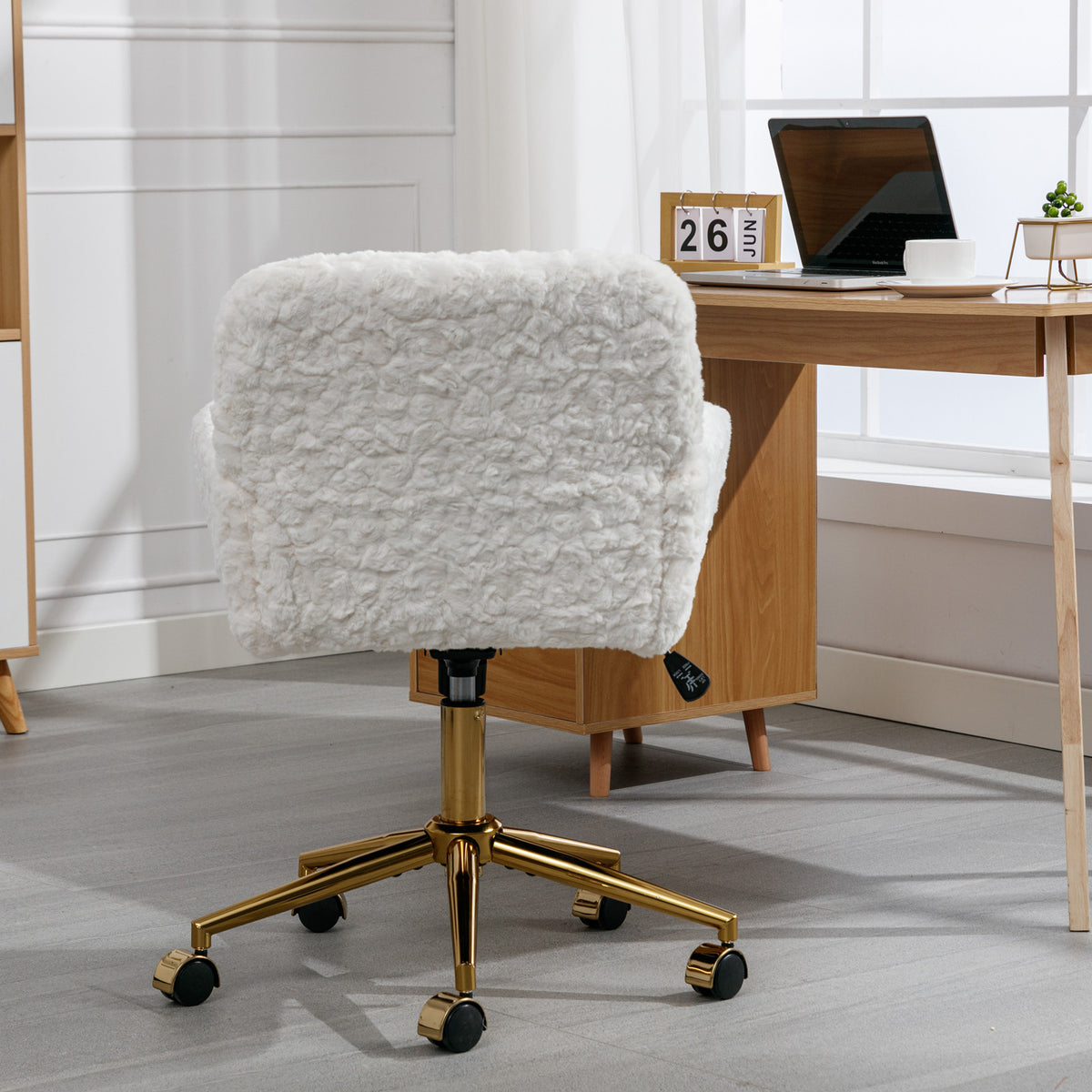 Artificial rabbit hair gold metal base home office chair adjustable chair rotating office chair, dressing chair (beige) - American Smart