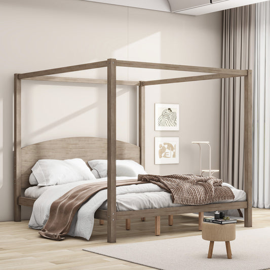 King size American Smart canopy platform bed with brown wash finish, headboard and support legs, crafted in wood.